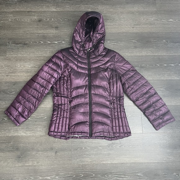 Andrew Marc Packable Down Puffer Jacket Hood Metallic Purple Full Zip Womens XL - Picture 1 of 7